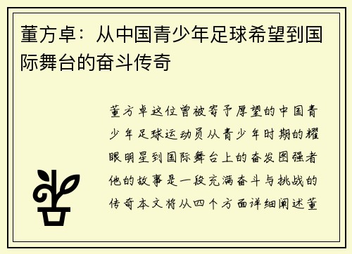 董方卓：从中国青少年足球希望到国际舞台的奋斗传奇