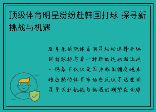 顶级体育明星纷纷赴韩国打球 探寻新挑战与机遇