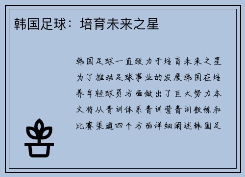 韩国足球：培育未来之星
