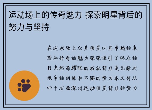 运动场上的传奇魅力 探索明星背后的努力与坚持