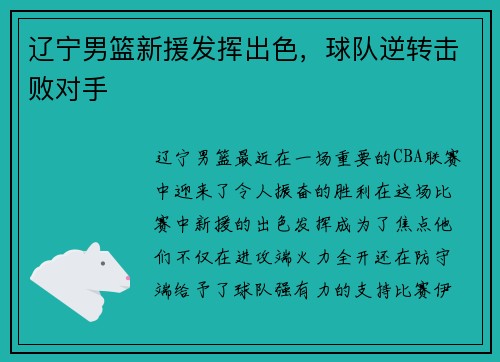 辽宁男篮新援发挥出色，球队逆转击败对手